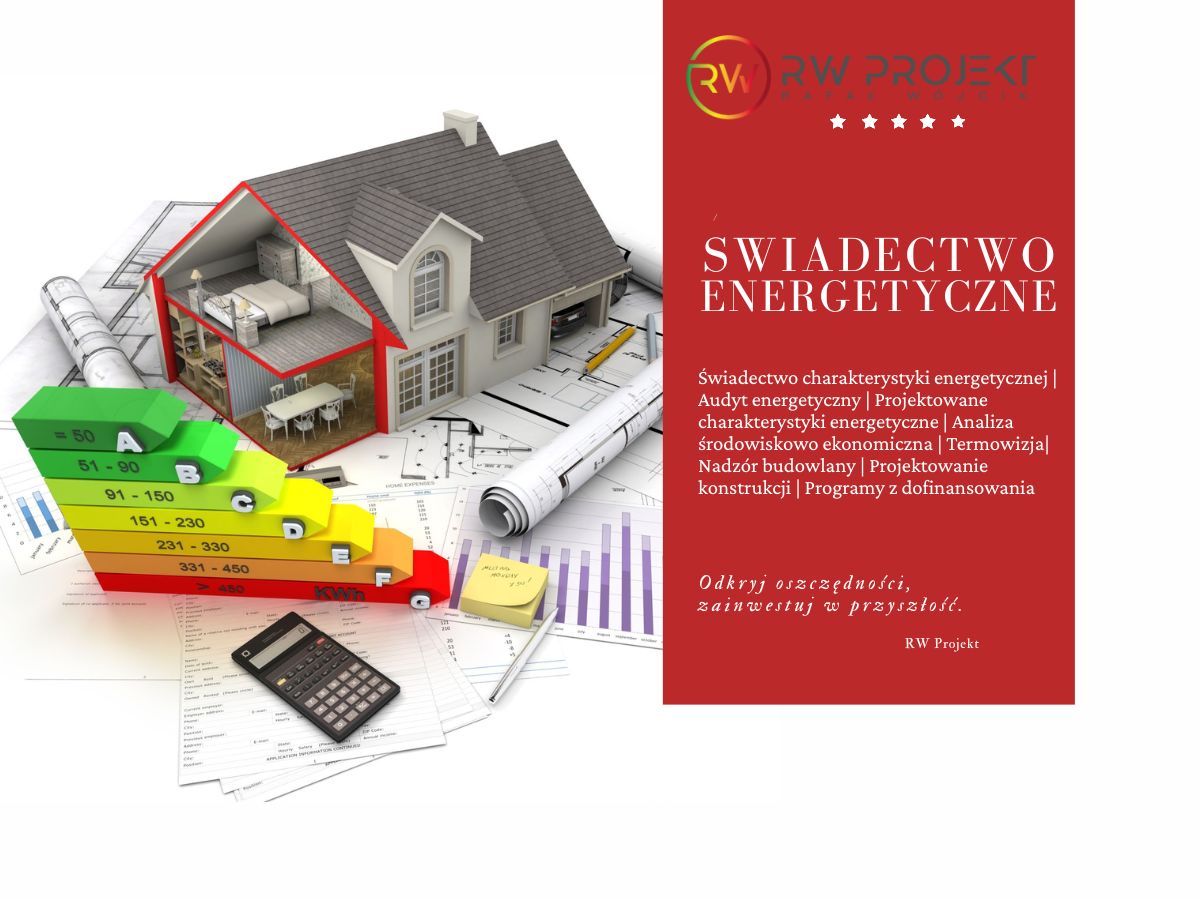 Świadectwo energetyczne Łódź – wizualizacja domu z kolorową skalą efektywności energetycznej i dokumentami.