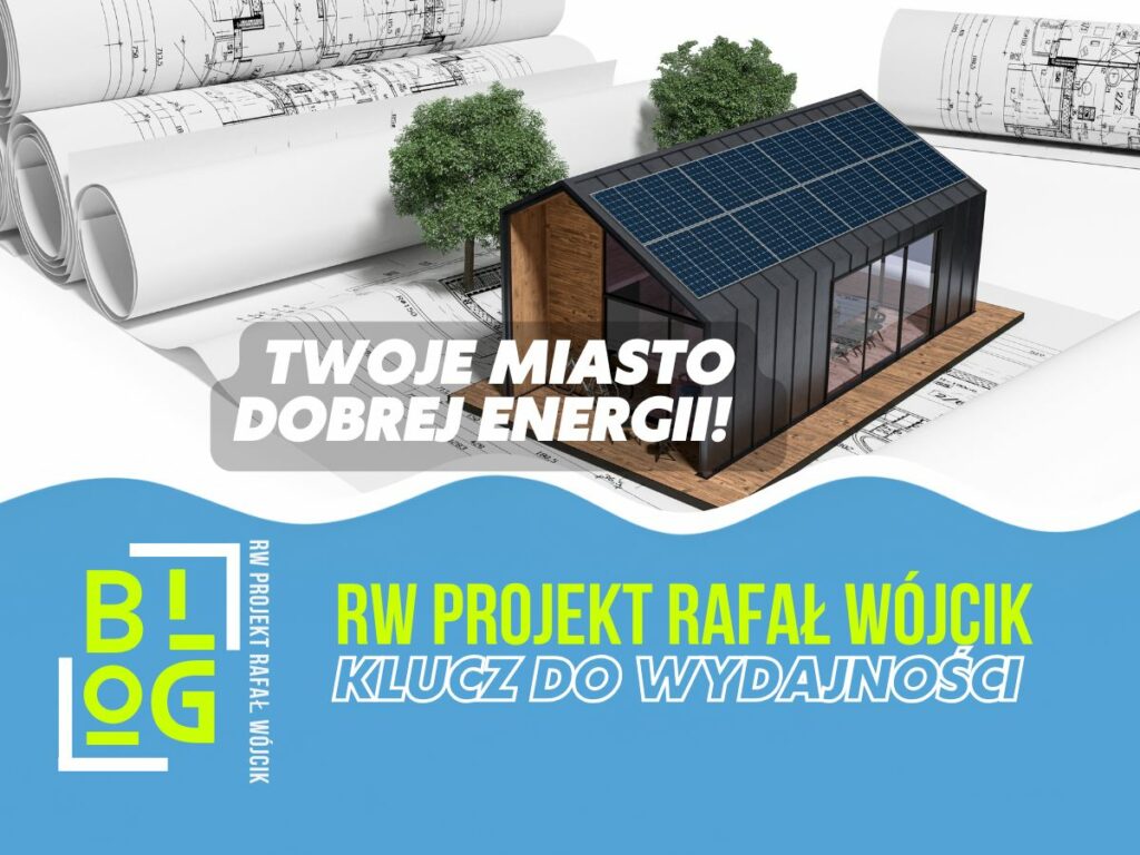 Makieta domu z panelami słonecznymi na planach architektonicznych i napis: świadectwo energetyczne Lublin.
