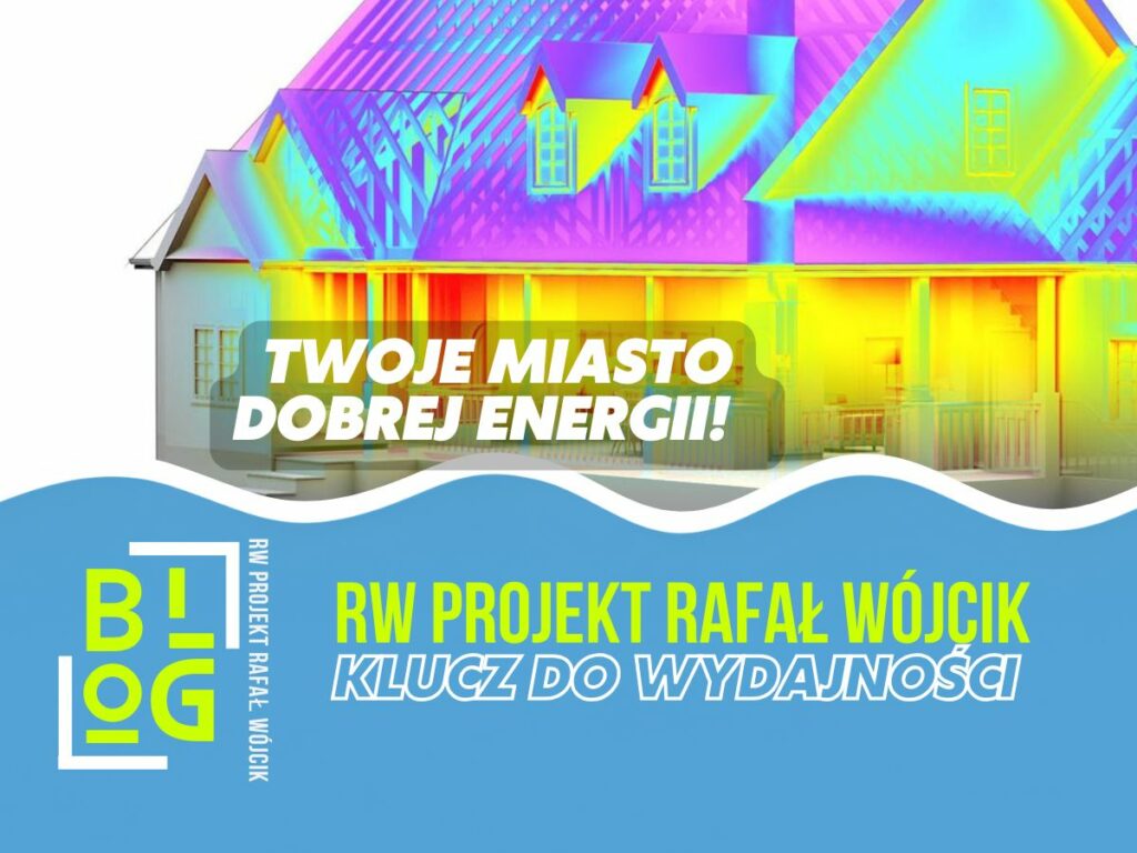 Kolorowa wizualizacja domu z tekstem promującym świadectwo energetyczne Opole.