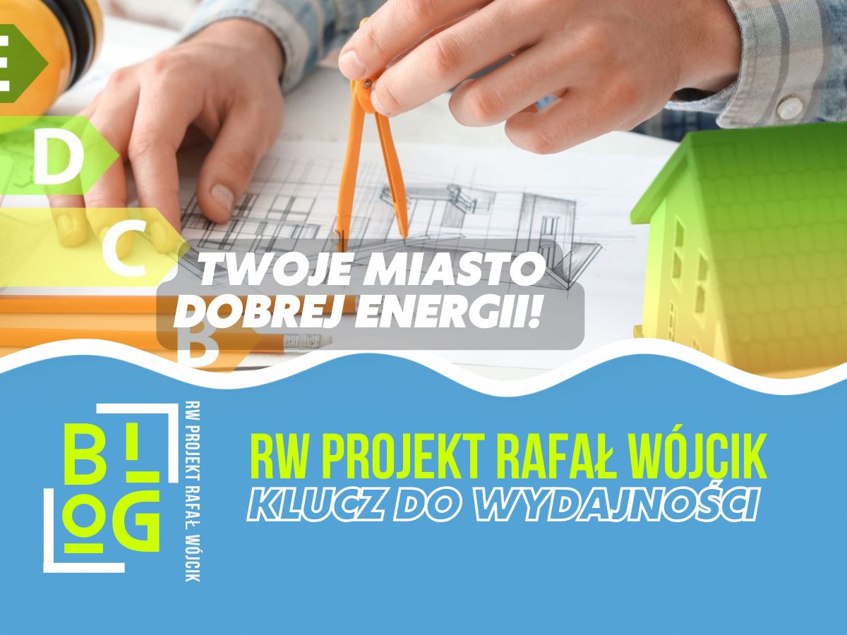 Na obrazku widać ręce pracujące nad planem budynku z kolorowymi makietami, promującymi świadectwo energetyczne Gliwice.